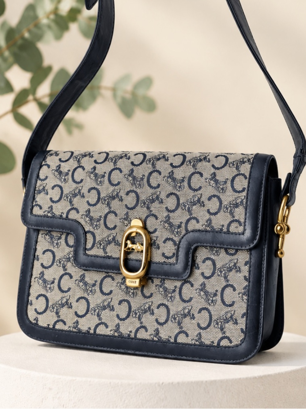 Authentic CELINE C Macadam Carriage Shoulder Bag.